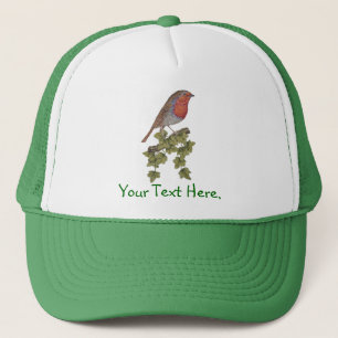 Robin perched on ivy leaf wild bird trucker hat