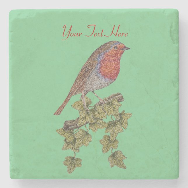 Robin perched on ivy leaf wild birds stone coaster (Front)