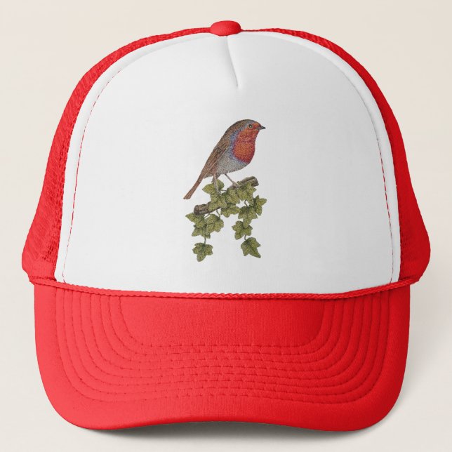 robin perched on ivy leafs at christmas trucker hat (Front)