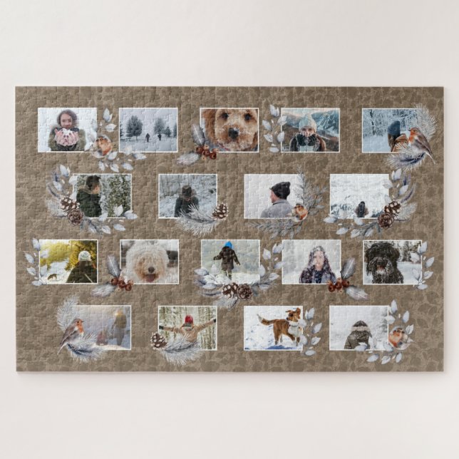 Robin Photo Collage Custom Rustic Kraft Paper bird Jigsaw Puzzle (Horizontal)