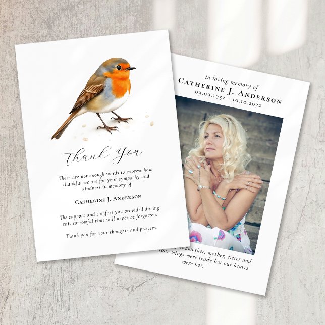 Robin Photo Sympathy Funeral Memorial Thank You Card (Creator Uploaded)