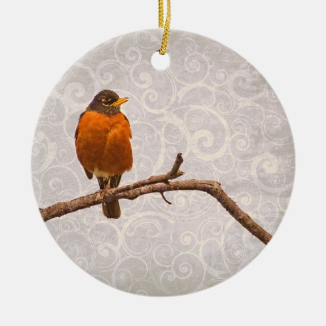 Robin Photo with Damask Swirl Design Ceramic Tree Decoration (Front)