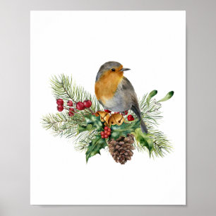 Robin, pine, candy canes, poinsettia Christmas Poster