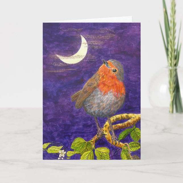 Robin pondering the Moon Christmas Card (Front)