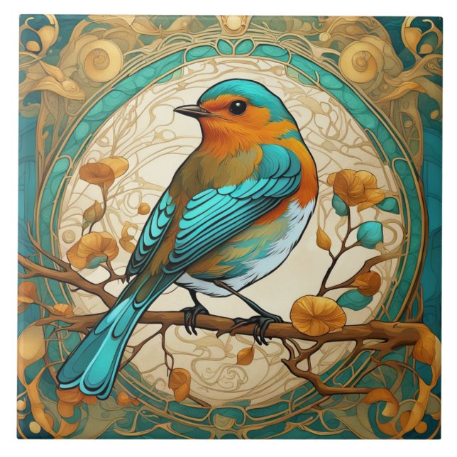 Robin Red Breast Bird Art Nouveau Art Deco Mint Ceramic Tile (Front)