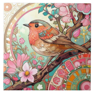 Robin Red Breast Bird Pink Floral Spring Flowers Ceramic Tile