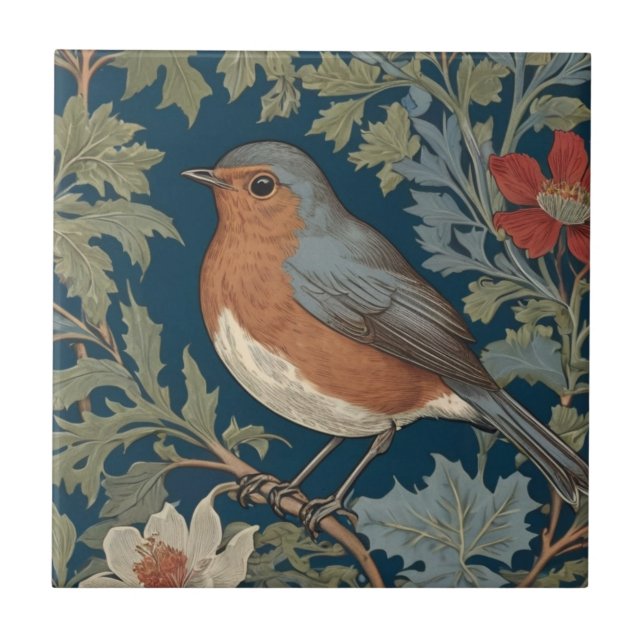 Robin Red Breast Bird William Morris style Left Ceramic Tile (Front)