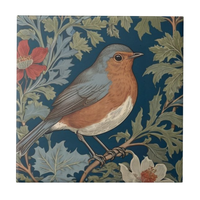 Robin Red Breast Bird William Morris style Right Ceramic Tile (Front)