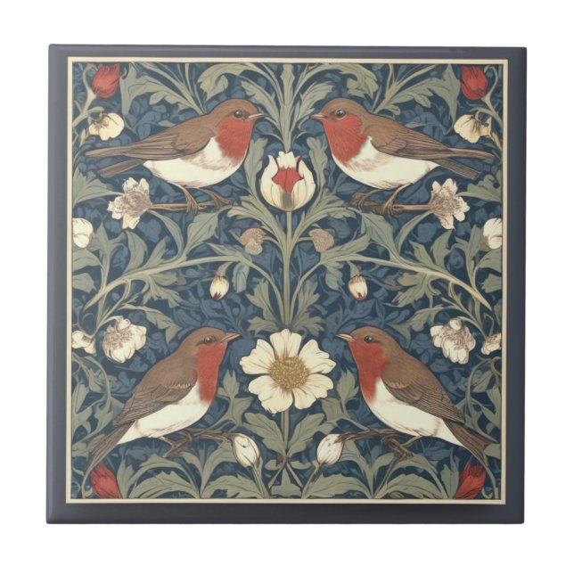 Robin Red Breast Birds William Morris style Bird Ceramic Tile (Front)