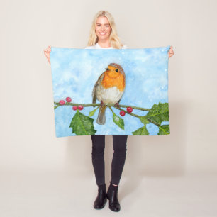 Robin Red Breast Watercolour Fleece Blanket