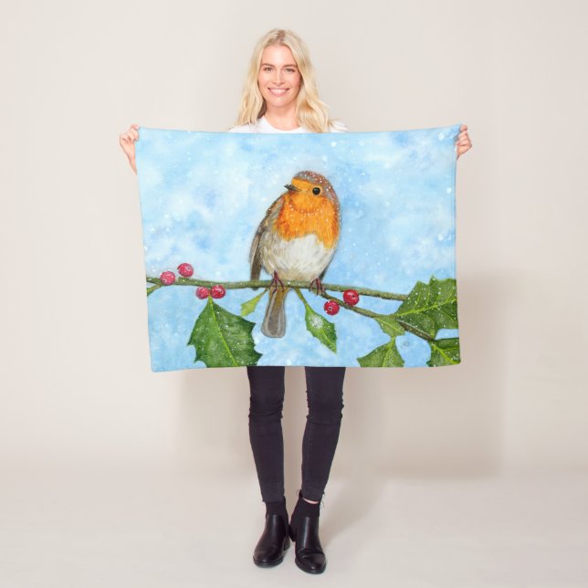 Robin Red Breast Watercolour Fleece Blanket (In Situ)