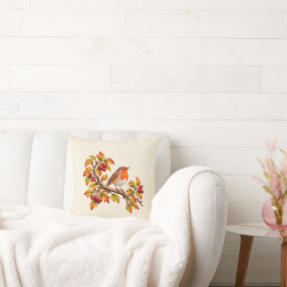 Robin Redbreast Autumn Botanical Bird Design Cushion