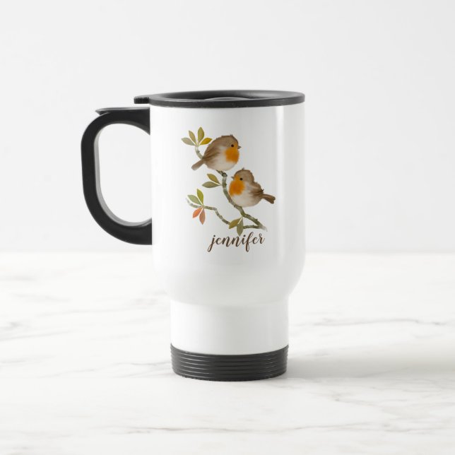 Robin Redbreast Birds Personalised Travel Mug (Left)