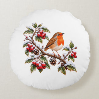 Robin Redbreast on Snowy Winter Branch Christmas Round Cushion