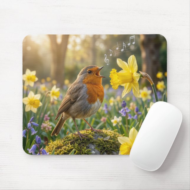 Robin Singing Into a Daffodil Mouse Pad (With Mouse)
