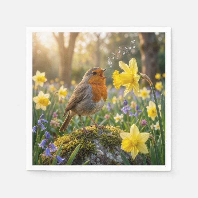 Robin Singing Into a Daffodil Napkin (Front)