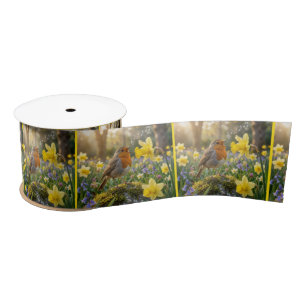 Robin Singing Into a Daffodil Satin Ribbon