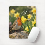 Robin Singing into a Spring Daffodil Mouse Pad<br><div class="desc">A robin sits on a rock surrounded by vibrant yellow daffodils,  playfully singing into one as if it were a microphone,  illustrated by whimsical musical notes</div>