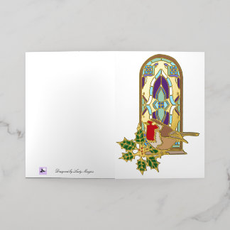 Robin Stained Glass Holly Christmas Card Gold Foil