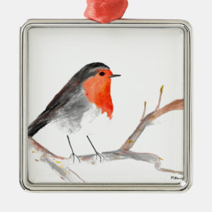 Robin watercolor bird Christmas winter festive Metal Tree Decoration