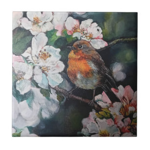 Robin with cherry blossom ceramic tile