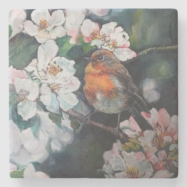 Robin with cherry blossom stone coaster (Front)