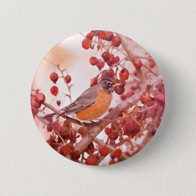 Robin With Red Berries 6 Cm Round Badge (Front)
