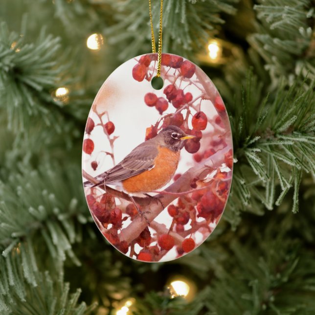 Robin With Red Berries Ceramic Tree Decoration (Tree)