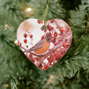 Robin With Red Berries Ceramic Tree Decoration