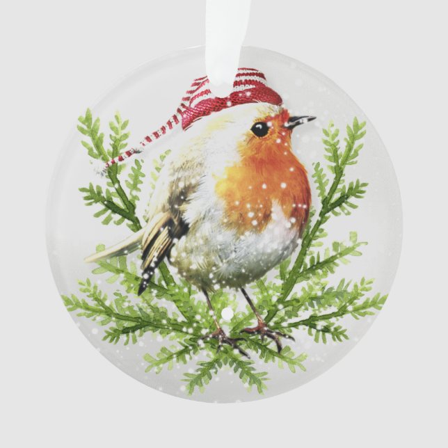 Robin with Santa Hat and Snow Ornament (Front)