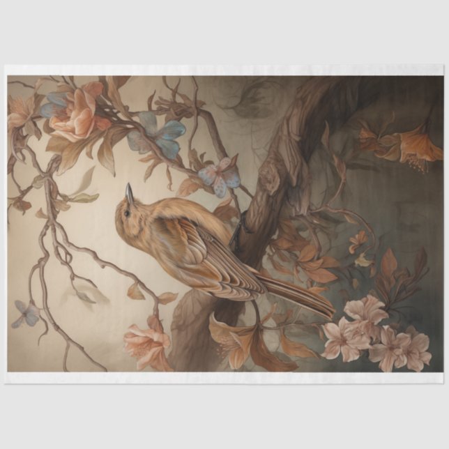 Robin with soft pastel peach flowers decoupage tissue paper (Front)