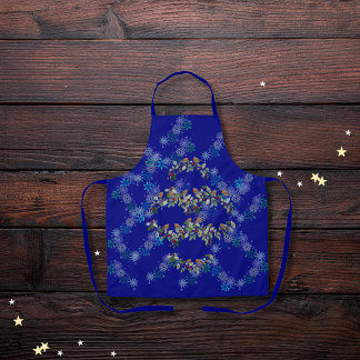 Robin, wreaths, and snowflakes blue apron
