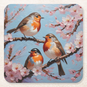Robins and cherry blossoms square paper coaster