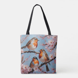 Robins and cherry blossoms tote bag