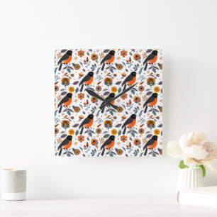 Robins And Flowers Square Wall Clock