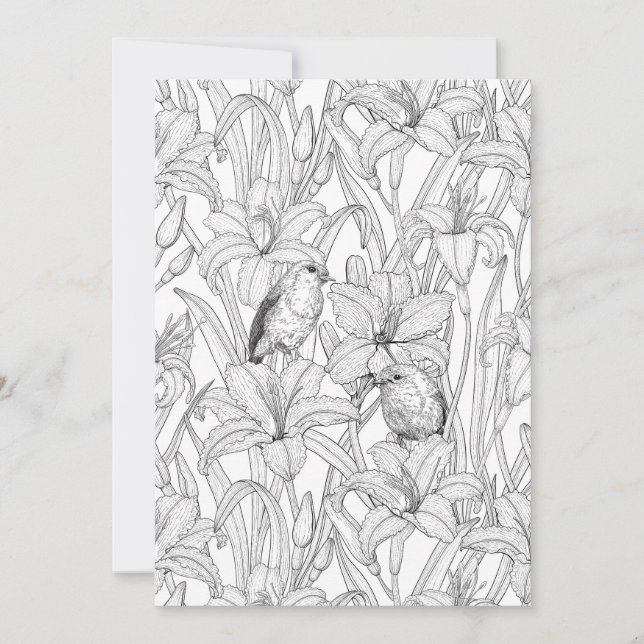 Robins and lilly flowers, black and white (Front)