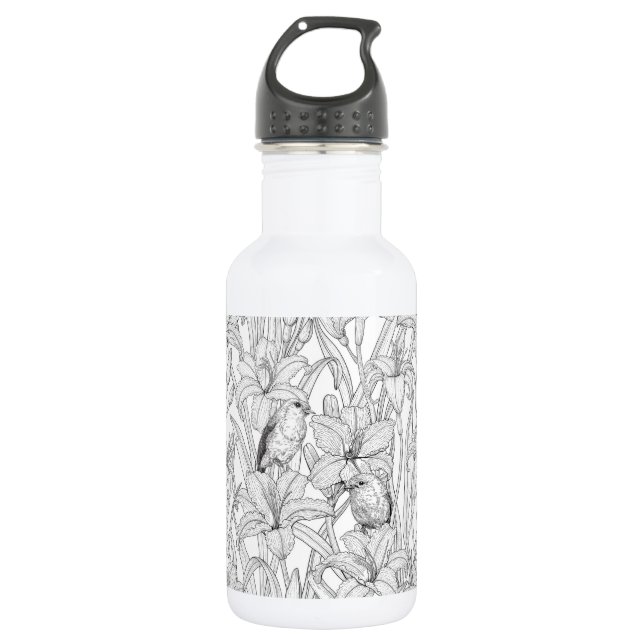 Robins and lilly flowers, black and white 532 ml water bottle (Front)