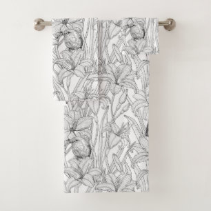 Robins and lilly flowers, black and white bath towel set