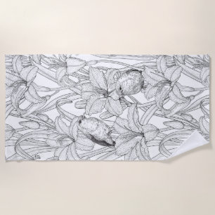 Robins and lilly flowers, black and white beach towel