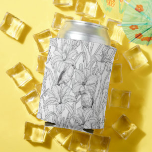 Robins and lilly flowers, black and white can cooler