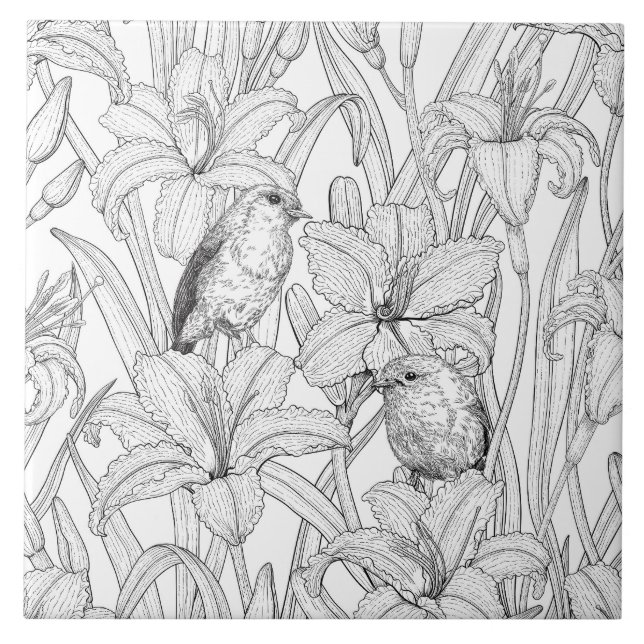 Robins and lilly flowers, black and white ceramic tile (Front)