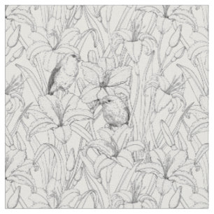 Robins and lilly flowers, black and white fabric