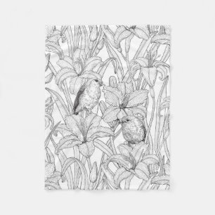 Robins and lilly flowers, black and white fleece blanket