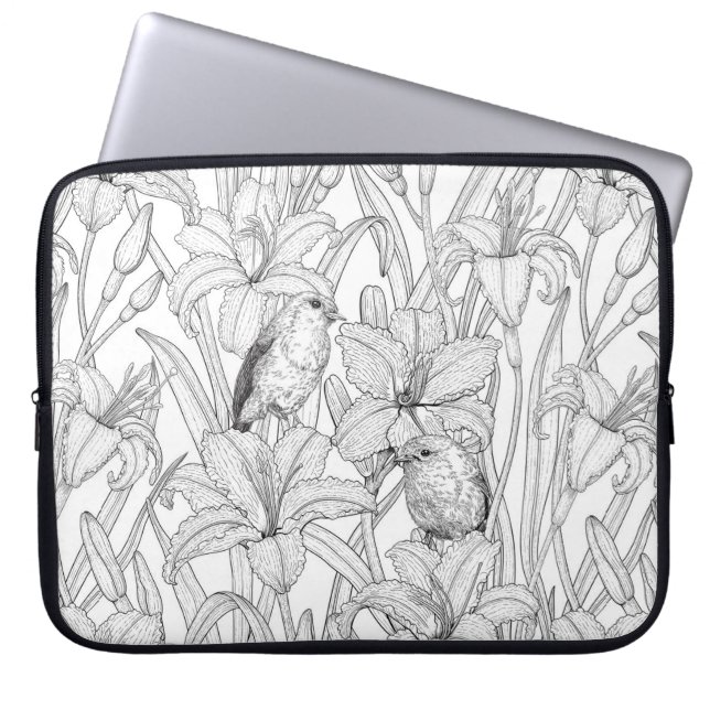 Robins and lilly flowers, black and white laptop sleeve (Front)