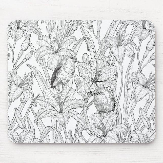 Robins and lilly flowers, black and white mouse pad (Front)