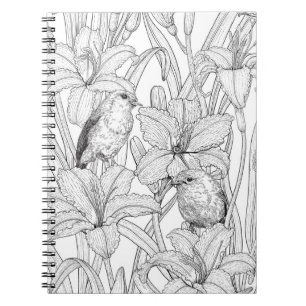 Robins and lilly flowers, black and white notebook