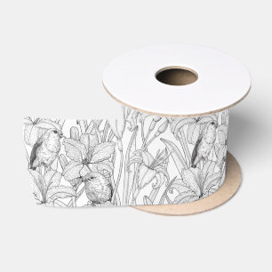 Robins and lilly flowers, black and white satin ribbon