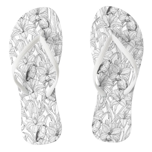 Robins and lilly flowers, black and white thongs (Footbed)