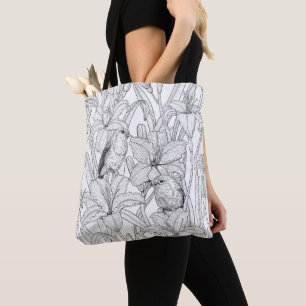 Robins and lilly flowers, black and white tote bag