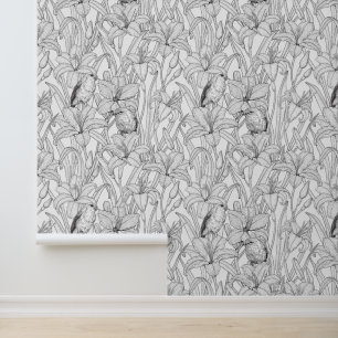 Robins and lilly flowers, black and white wallpaper